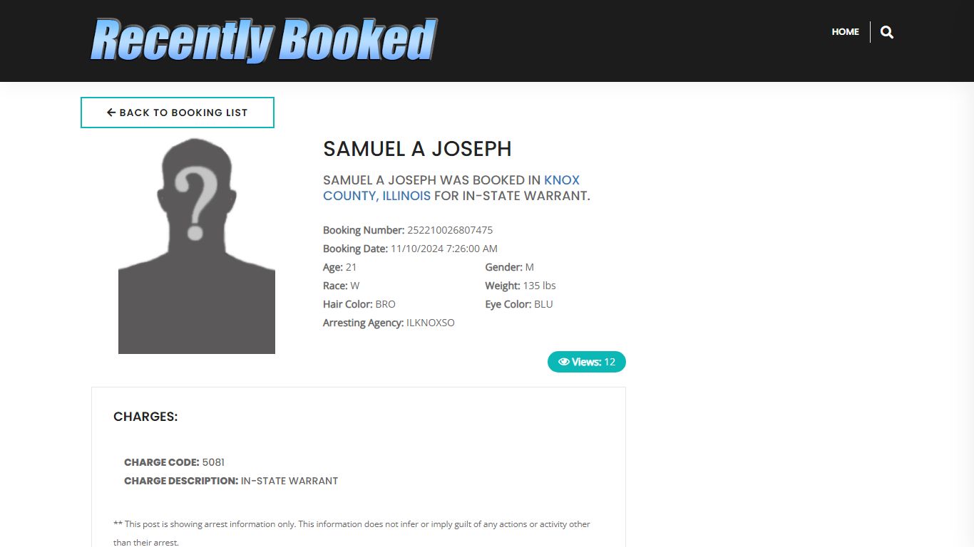 Recent Booking / Mugshot for SAMUEL A JOSEPH in Knox County, Illinois